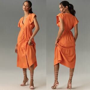 ANTHROPOLOGIE The Renee Midi Linen Dress Flutter Sleeve Cabincore Fall Orange